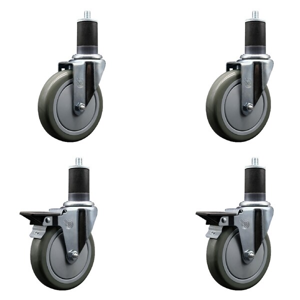 5'' Gray Poly Wheel Swivel 1-5/8'' Expanding Stem Caster Set 2 Brakes, 4PK